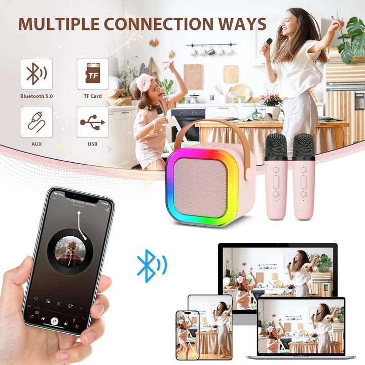 Kids karaoke machine from Belro with colorful microphone and speaker, designed for children's singing and musical play.