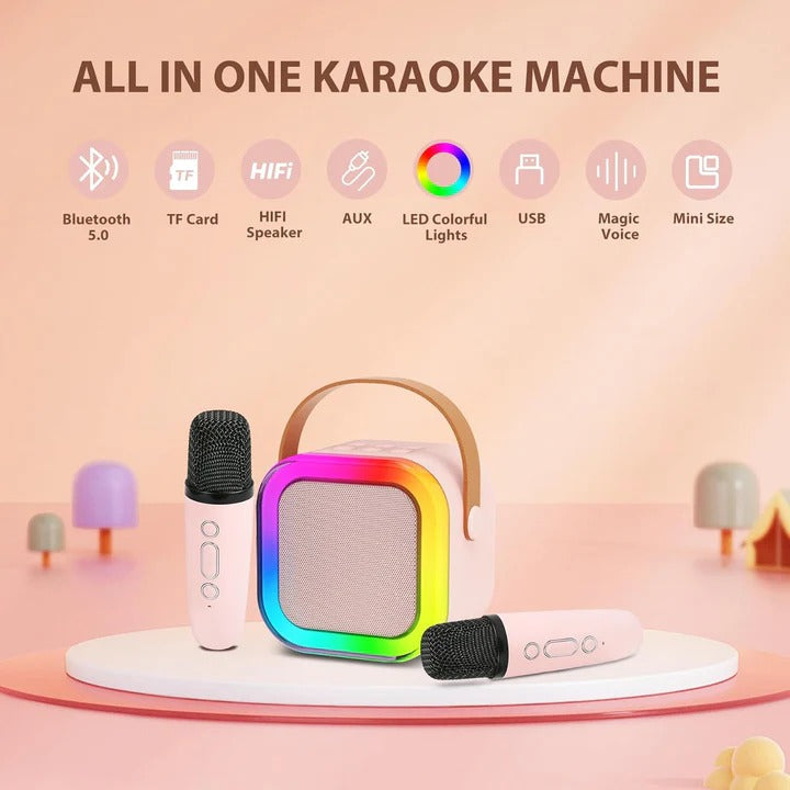 Kids karaoke machine from Belro with colorful microphone and speaker, designed for children’s singing and entertainment.