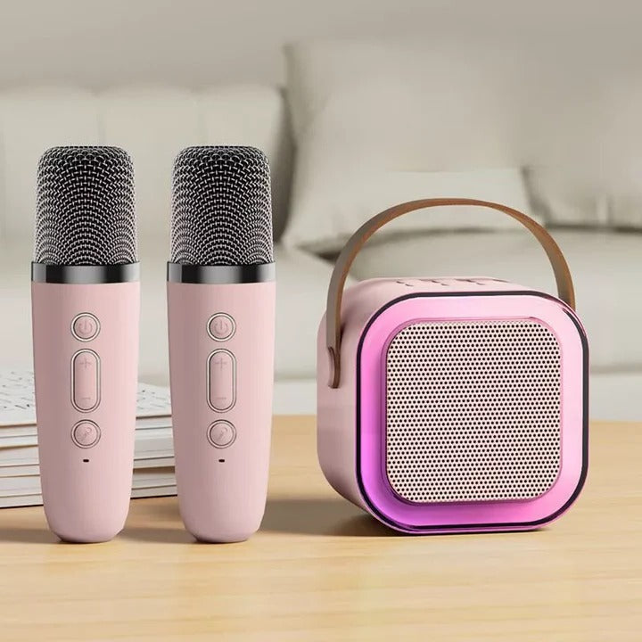 Kids karaoke machine by Belro with colorful microphone and control panel, designed for fun singing games and entertainment.