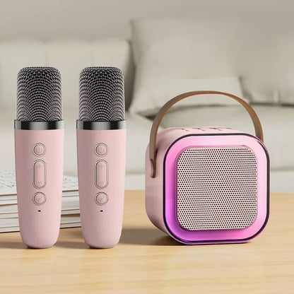 Kids karaoke machine by Belro with colorful microphone and control panel, designed for fun singing games and entertainment.