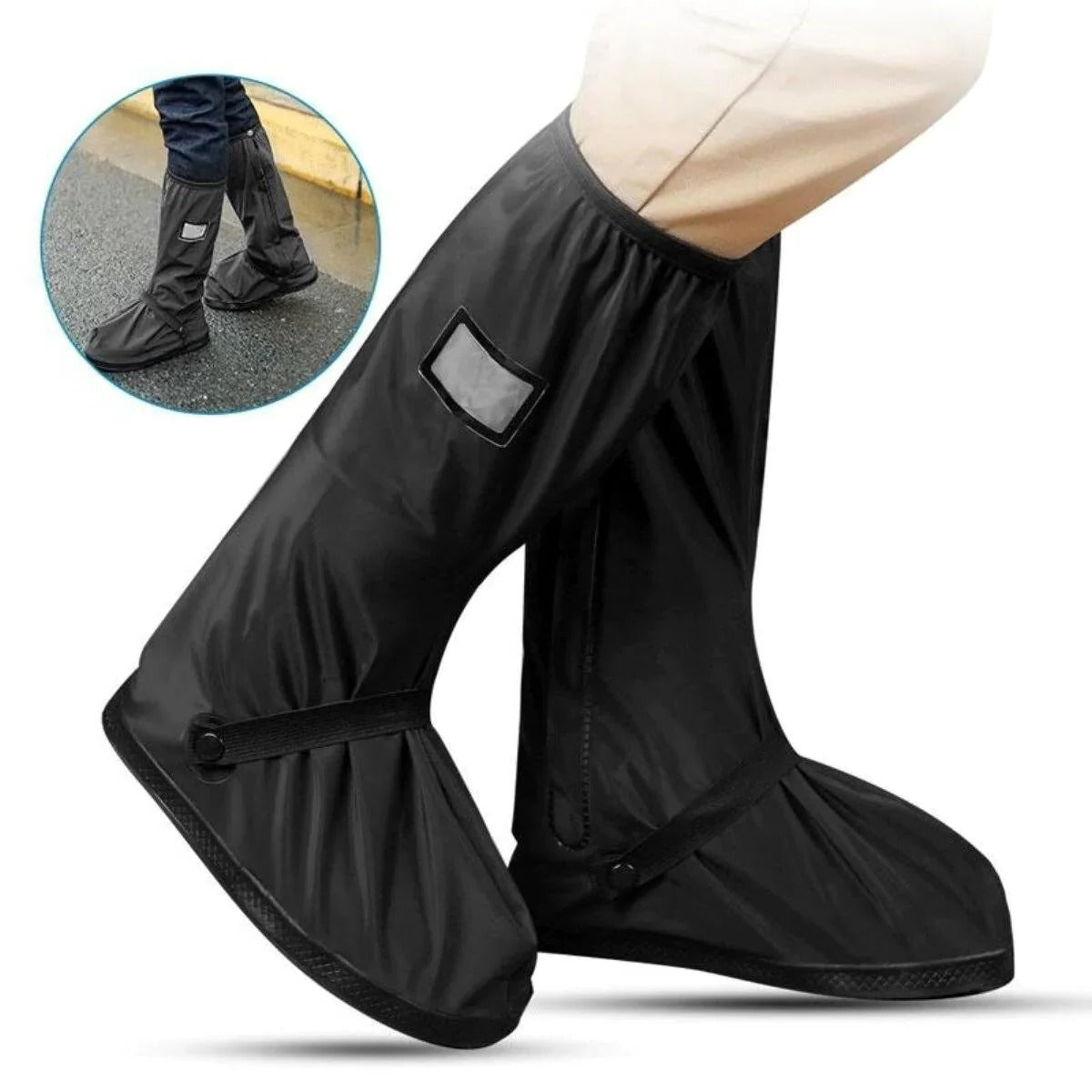 Belro waterproof boot covers for footwear, shown covering sturdy rubber boots, protecting against wet weather.