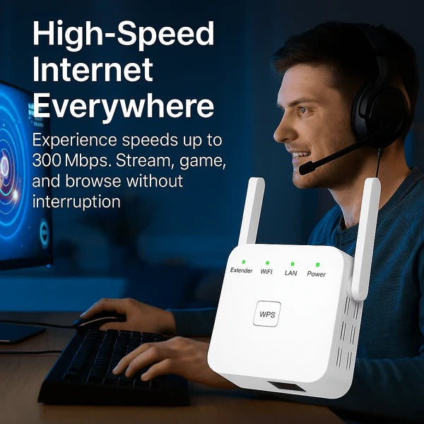 Belro 5G dual-band WiFi booster enhancing home internet signal with sleek compact design and multiple antennas.