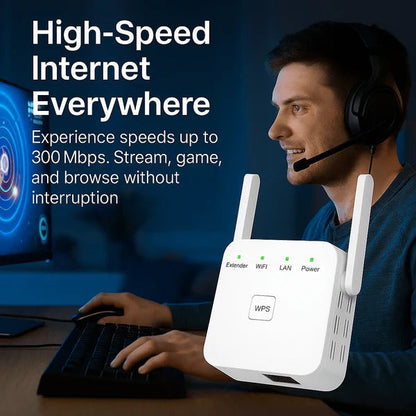 Belro 5G dual-band WiFi booster enhancing home internet signal with sleek compact design and multiple antennas.