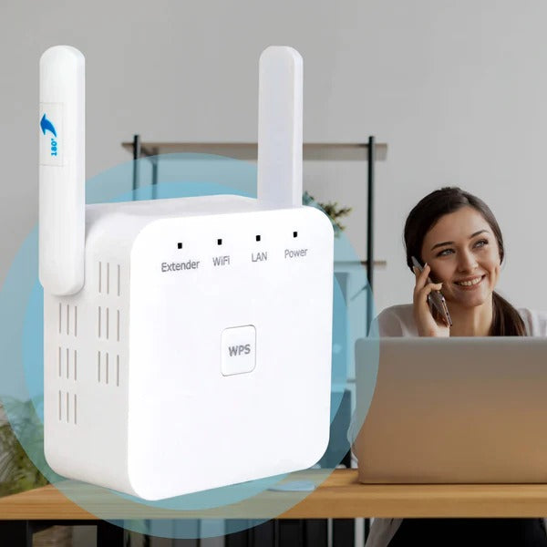 Belro 5G dual-band WiFi booster connected to a router with blinking indicator lights on a desk.