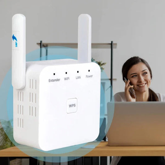 Belro 5G dual-band WiFi booster connected to a router with blinking indicator lights on a desk.