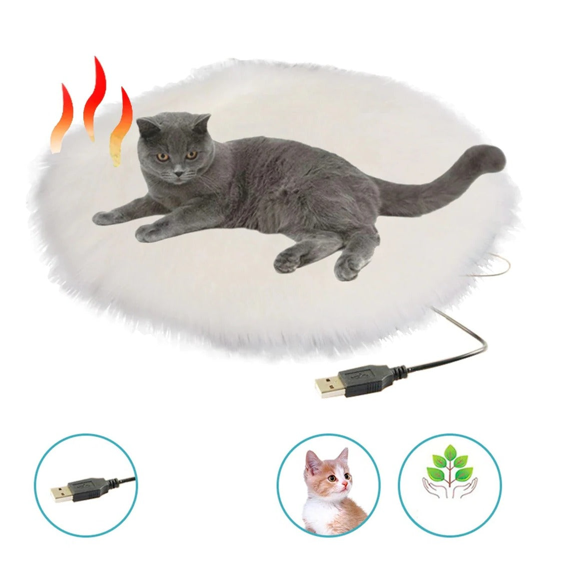 Belro USB heated pet cushion showing a soft, cozy cushion with a power cord, designed for pet comfort and pain relief.