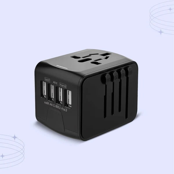 Belro universal travel power adapter for electronics with multiple plug types and USB ports, suitable for international travel.