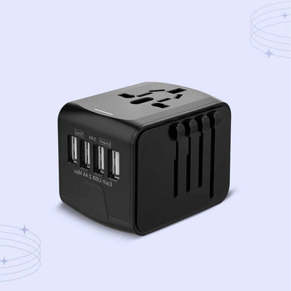 Belro universal travel power adapter for electronics with multiple plug types and USB ports, suitable for international travel.