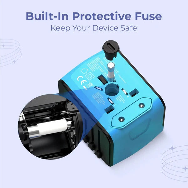 Belro universal travel power adapter with multiple plug types and USB ports for international electronics compatibility.