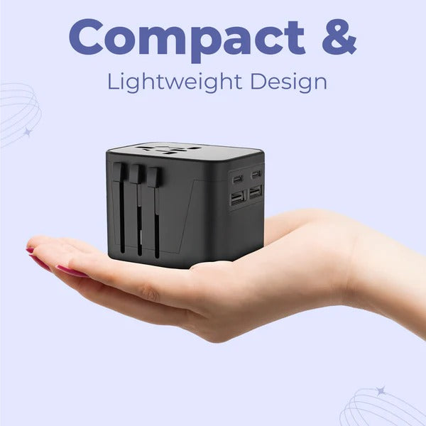 Belro universal travel power adapter for electronics, showing multiple plug options and compact design for international use.