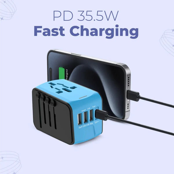 Belro universal travel power adapter for electronics, featuring multiple plug types and compact design for international travel.