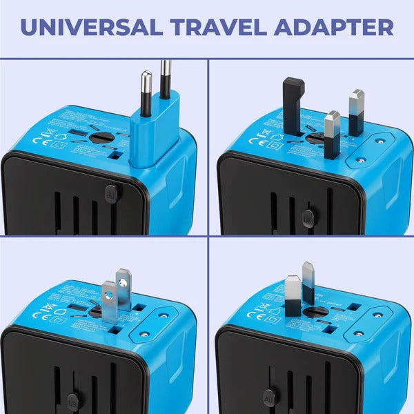 Belro universal travel power adapter for electronics, compact design with multiple plug options for international travel.