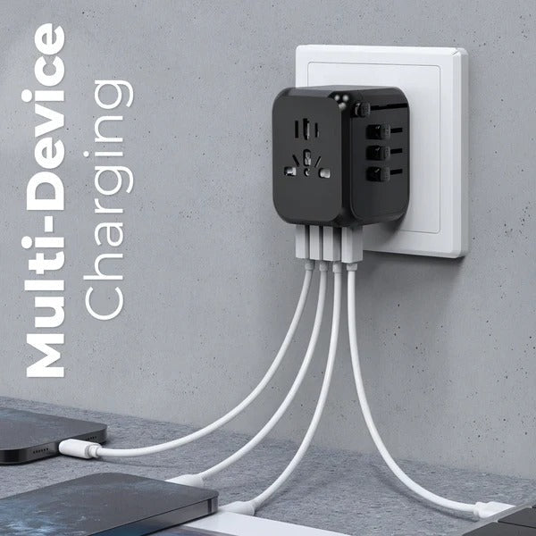 Belro universal travel power adapter for electronics with multiple plug types and USB ports for international use.