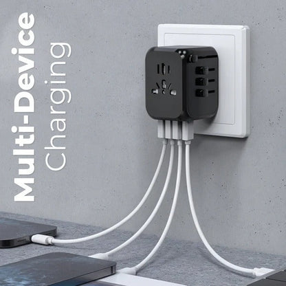 Belro universal travel power adapter for electronics with multiple plug types and USB ports for international use.