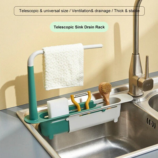 Belro expandable sink organizer with multiple compartments for kitchen dish and utensil storage, in a modern kitchen setting