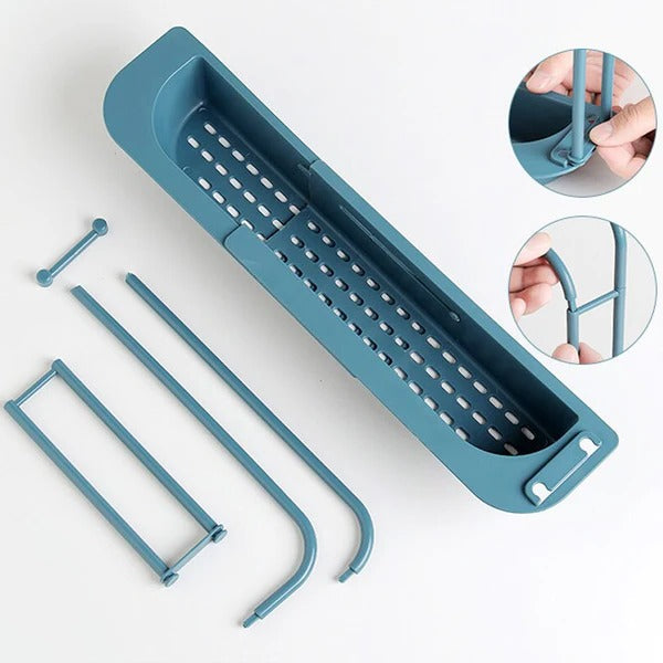 Belro expandable sink organizer with multiple compartments for kitchen storage, designed to fit various sink sizes.