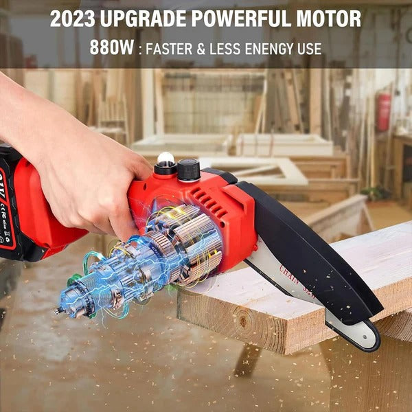 Men's Belro compact cordless chainsaw with ergonomic handle and safety features, ideal for light cutting tasks.
