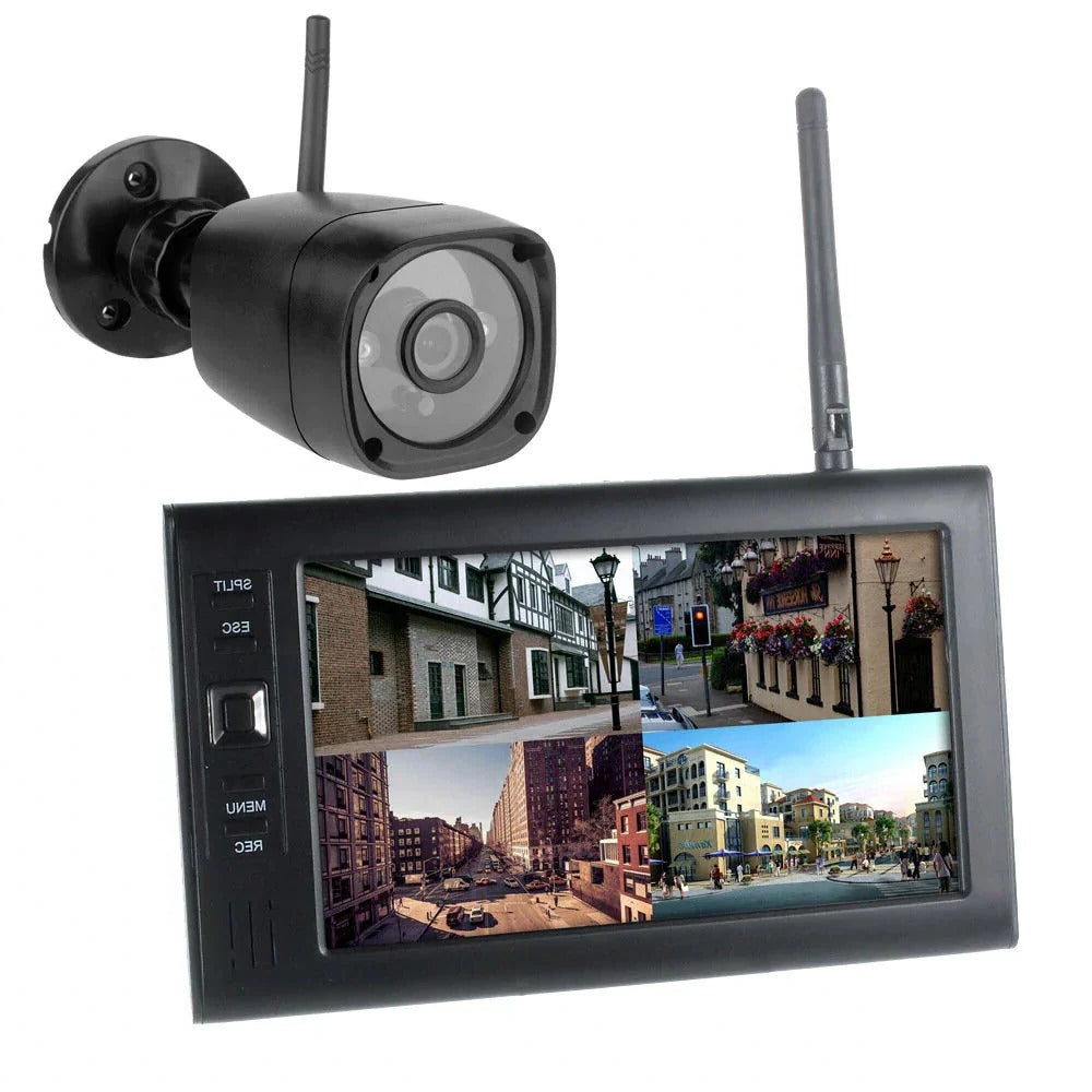 Wireless security system with LCD display by Belro, featuring multiple cameras and control panel for home security.