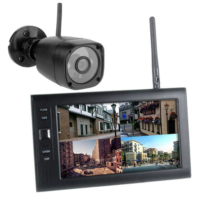 Wireless security system with LCD display by Belro, featuring multiple cameras and control panel for home security.