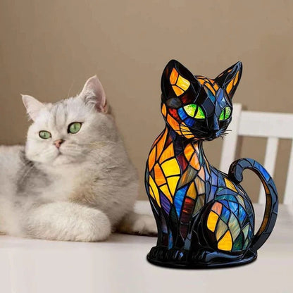 Belro stained glass cat table lamp with colorful stained glass shade, perfect for night lighting and decorative home use.