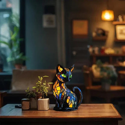 Belro stained glass cat table lamp with colorful glass shade, decorative night light for cozy home lighting.