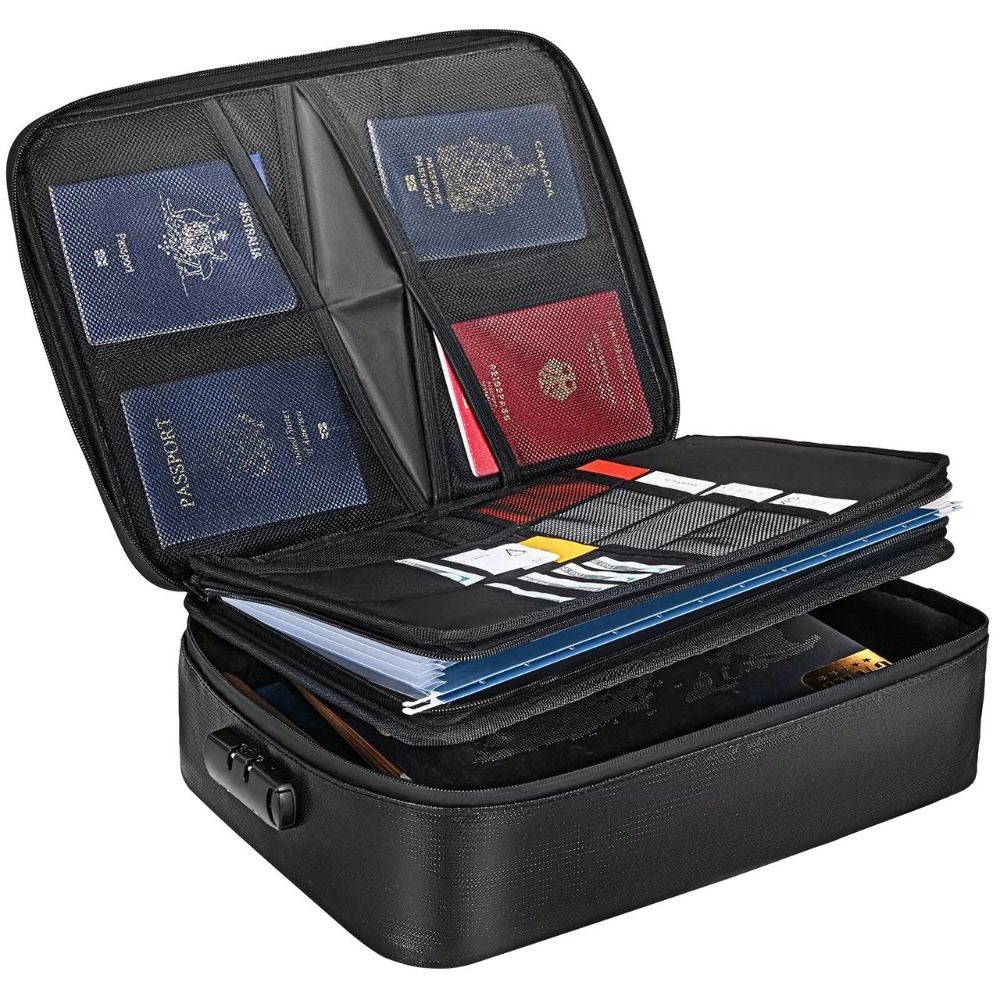Belro waterproof fireproof document and cash safe bag with secure zipper for outdoor home security storage.