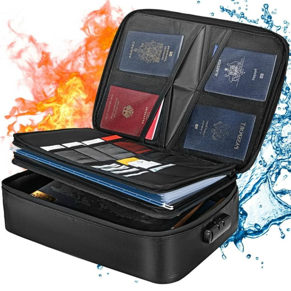Belro waterproof fireproof document and cash safe bag suitable for outdoor home and garden security, with secure zipper closure.
