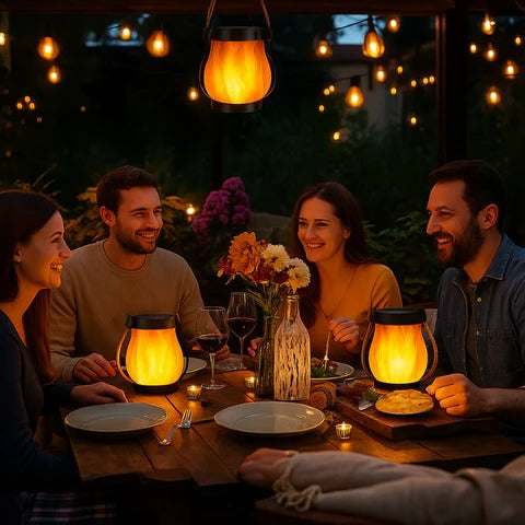 Belro solar lantern with flame-effect glow, eco-friendly outdoor flashlight for ambient lighting and decorative illumination.