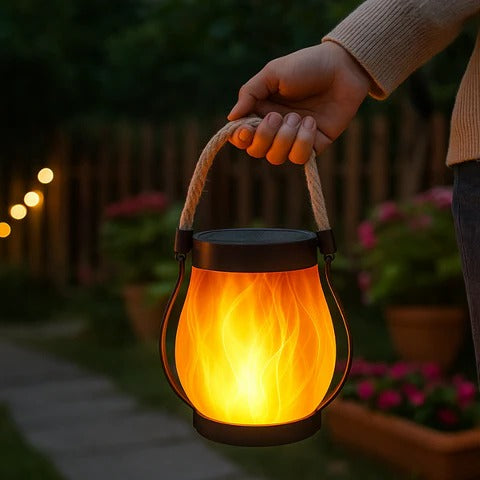 Belro solar lantern with flame-effect glow, compact flashlight with decorative flickering light for outdoor or ambient lighting.