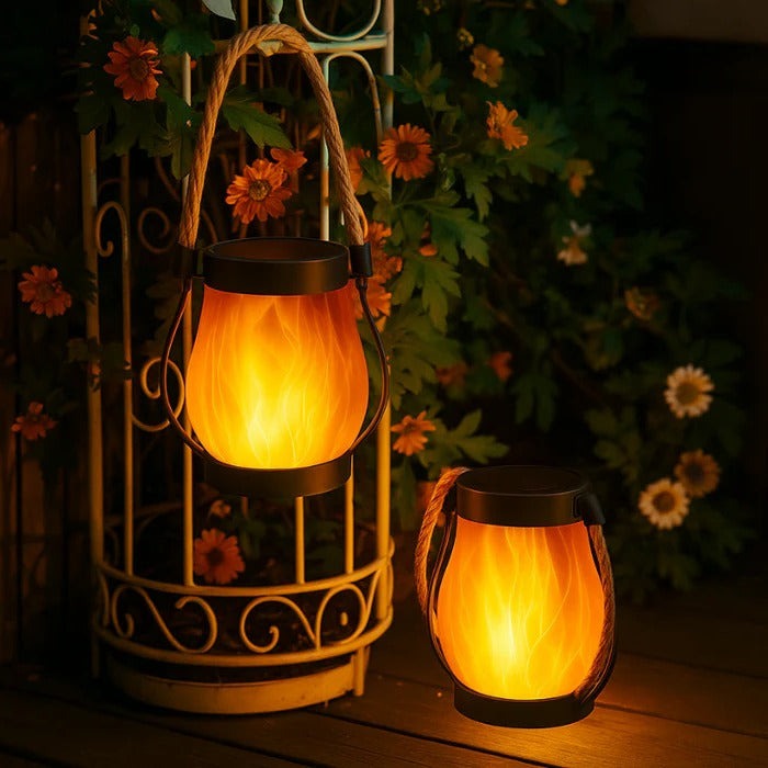Belro solar lantern with flame-effect glow, portable flashlight with warm, flickering flame-inspired light for outdoor use
