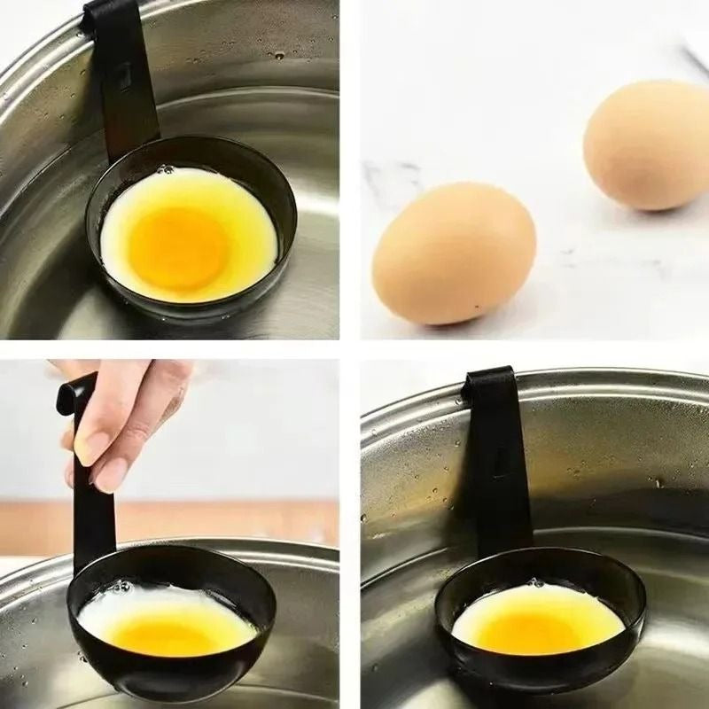 Belro egg poacher with nonstick mold for easy, perfect eggs, shown in a kitchen setting with poached eggs ready to serve.