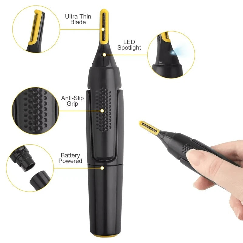 Belro men's multi-area grooming trimmer with adjustable blades, showing a close-up of the sleek black electric personal care device.