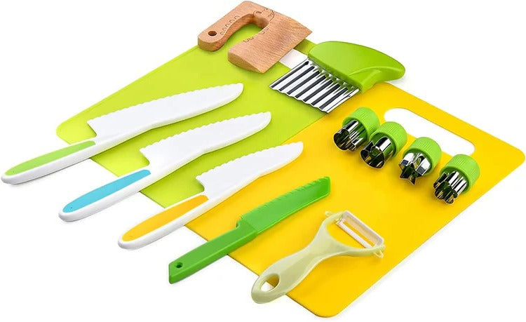 Children’s Junior cooking tool set by Belro with colorful utensils and accessories for kids' pretend kitchen play.