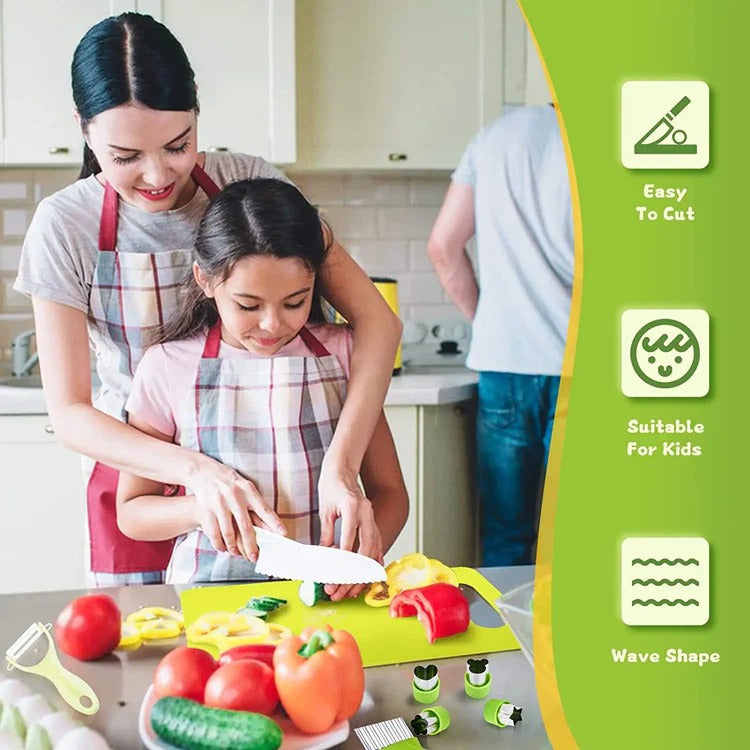 Children’s Junior cooking tool set by Belro with colorful utensils and cookware for kids' pretend play in the kitchen.
