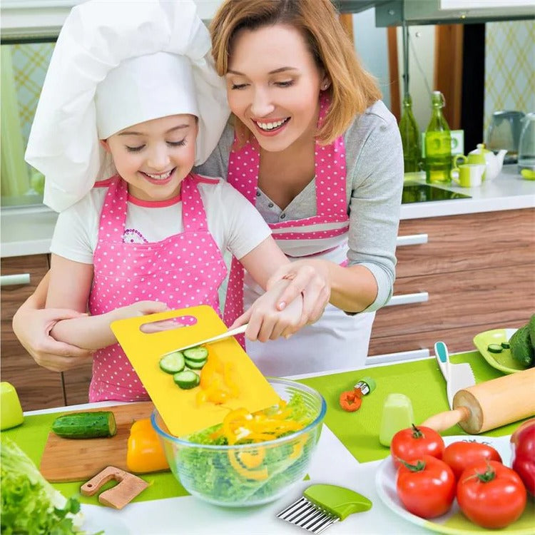 Children’s junior cooking tool set by Belro featuring colorful plastic utensils, pots, and pans for kids' pretend play.