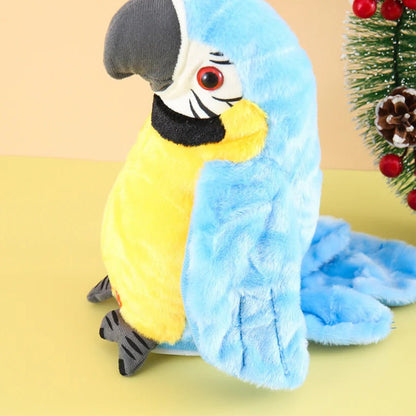 Belro talking and music-playing plush parrot toy, colorful and soft, designed for children, with detailed feather and beak features.