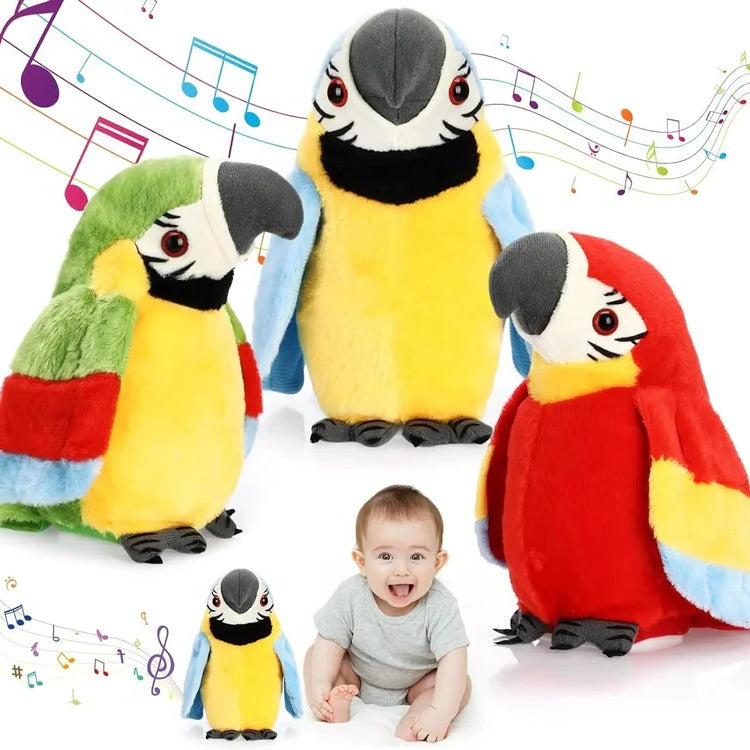 Belro Talking and Music-Playing Parrot Plush Toy, colorful soft plush toy designed for children, featuring realistic bird details.