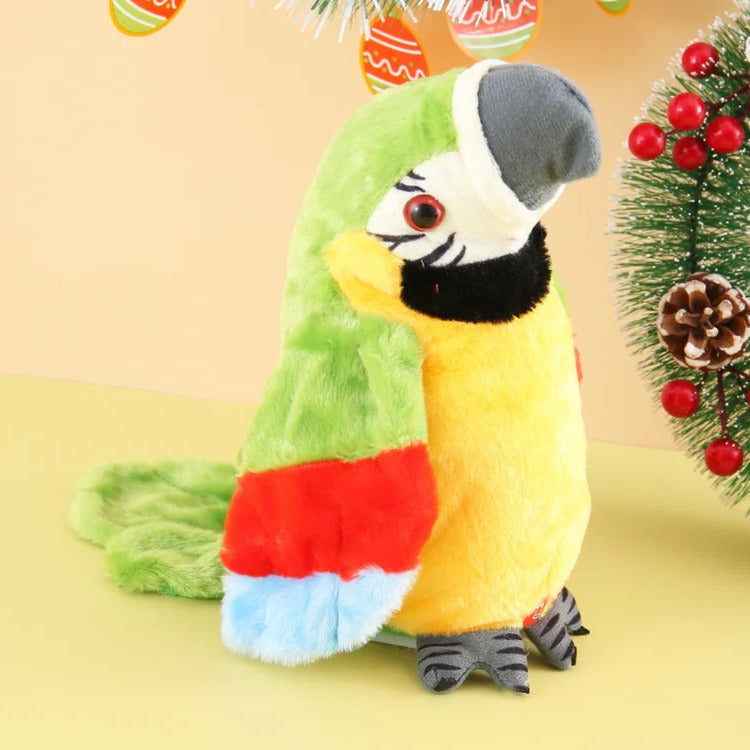 Belro talking and music-playing plush parrot toy, soft and colorful, designed for children with interactive features.