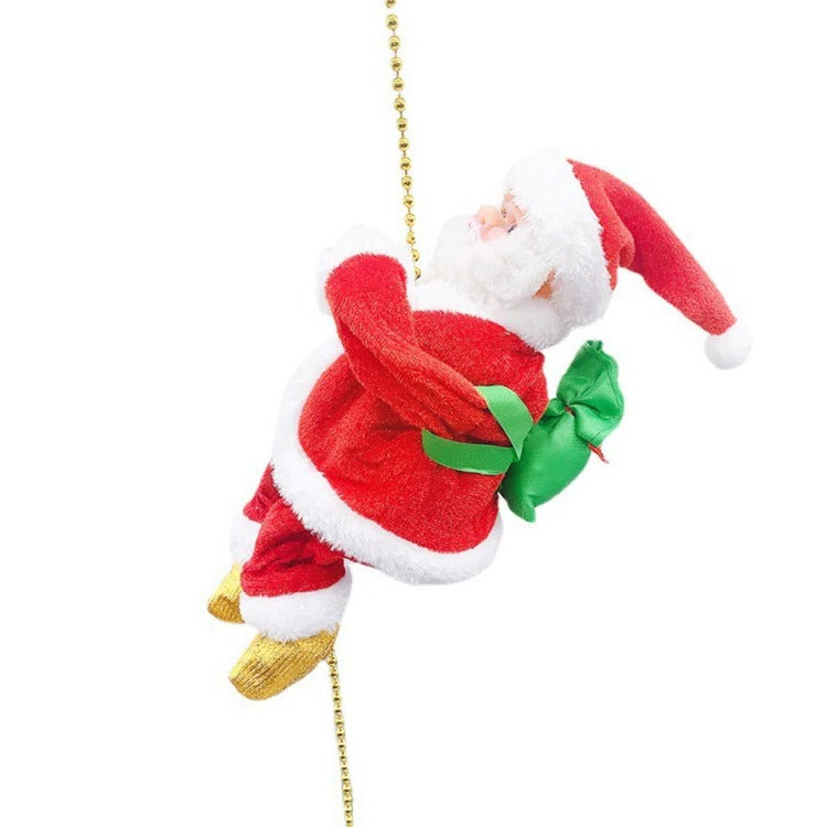 Climbing Santa holiday display toy dressed as a man, featuring festive clothing and holiday-themed accessories by Belro.