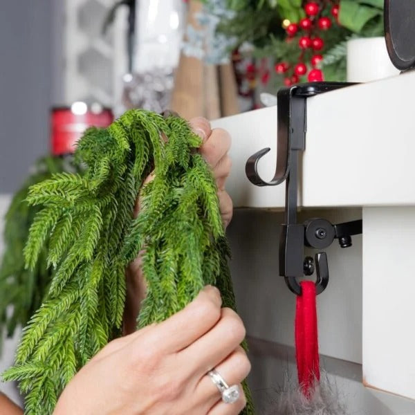 Belro adjustable fireplace stocking and garland hanger set, fabric clothing accessories for holiday decorations, shown in image.
