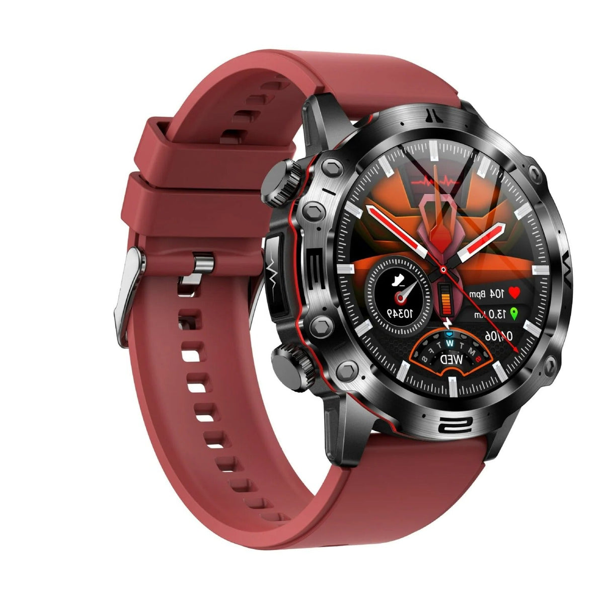 Belro multifunctional wellness smartwatch displaying digital interface with health tracking features on a sleek black strap.