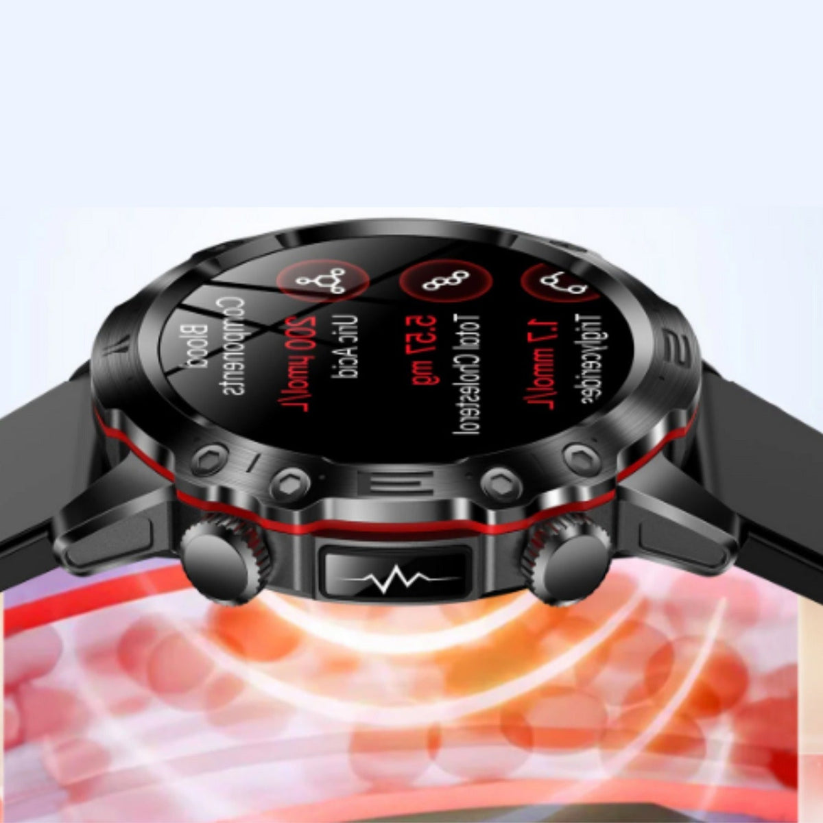 Belro multifunctional wellness smartwatch displayed on a digital monitor screen showing health metrics and notifications.