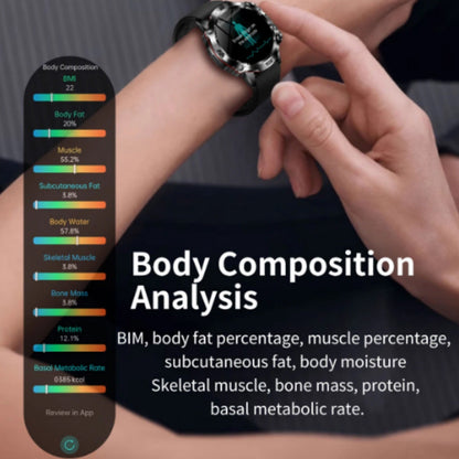 Belro multifunctional wellness smartwatch displaying digital time, health metrics, and notifications on a sleek black band.