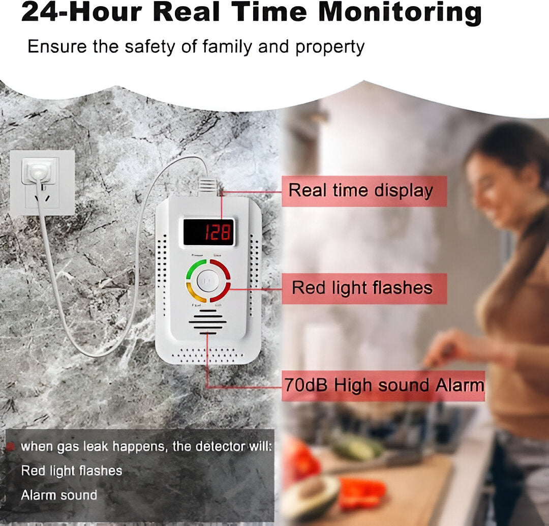 Belro plug-in household gas and CO detection unit for home safety, shown plugged into a wall outlet in an outdoor setting.