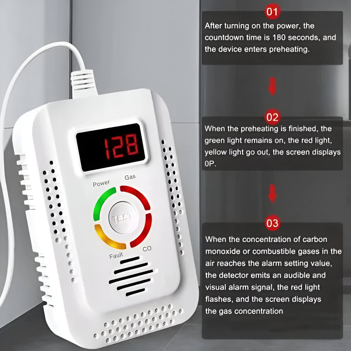 Belro plug-in household gas and CO detection unit for outdoor use, with digital display and alert indicators.