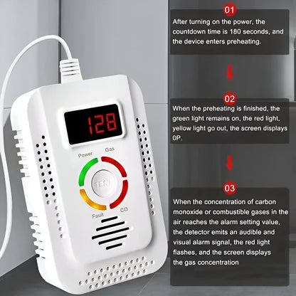 Belro plug-in household gas and CO detection unit for outdoor use, with digital display and alert indicators.