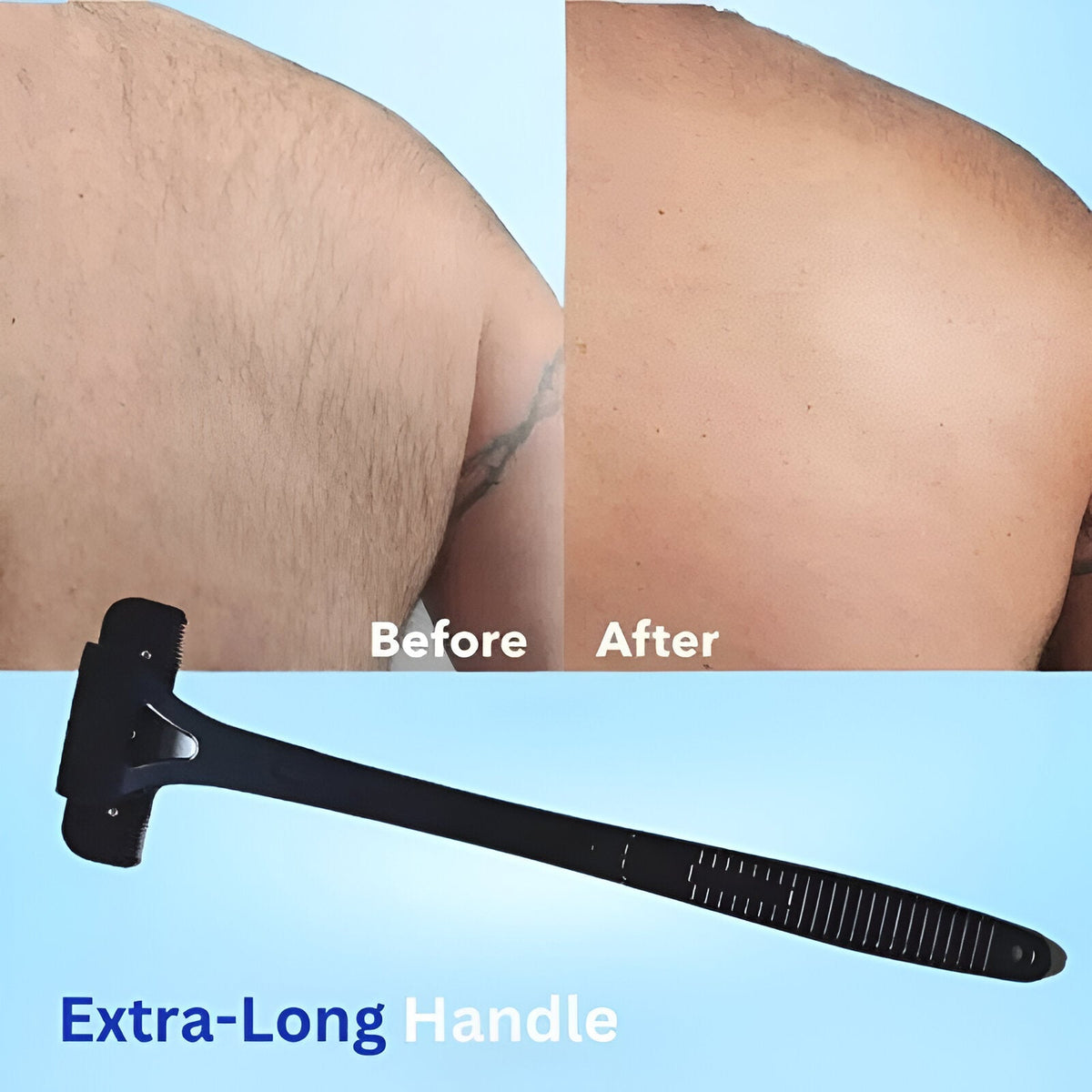 Belro extended-reach back shaver for men with ergonomic handle, electric personal care appliance for easy back hair removal.