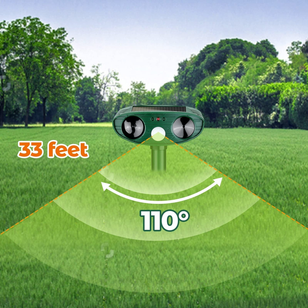 Belro Ultrasonic Woodpecker Repellent for outdoor pest control, showing device used to deter woodpeckers in a garden setting.