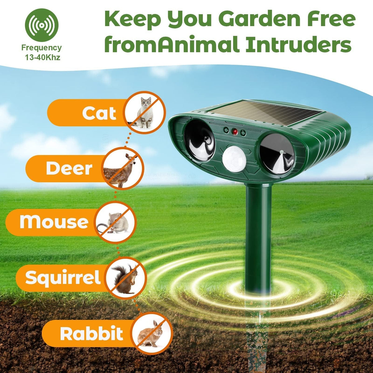 Belro Ultrasonic Woodpecker Repellent for outdoor pest control, showing device with mounting features in a garden setting.