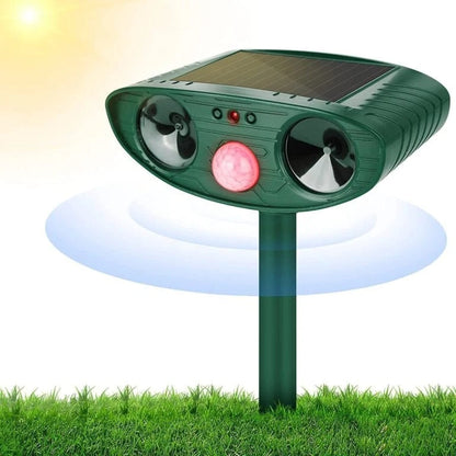 Belro Ultrasonic Woodpecker Repellent emitting sound waves to deter woodpeckers from outdoor trees and structures.